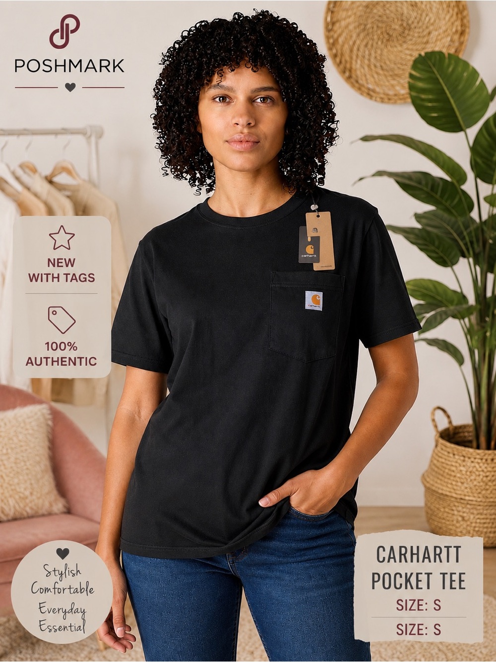 New w/ tags! Carhartt Black Crewneck Pocket Tee with Yellow Tag